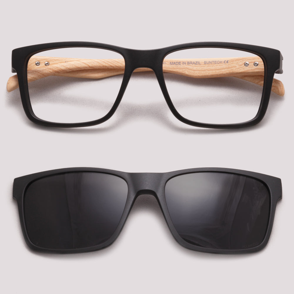 HB Polytech 0339 Clip On Preto Fosco Madeira Cinza Polarizado - Grau - 53 mm