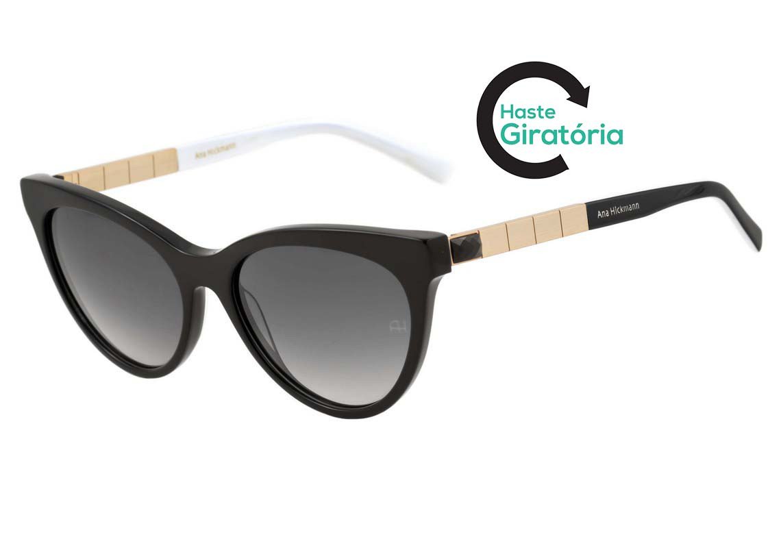 Óculos de Sol Ana Hickmann AH 9206 A02 Preto e Branco Brilho / Preto Degradê - 56 mm
