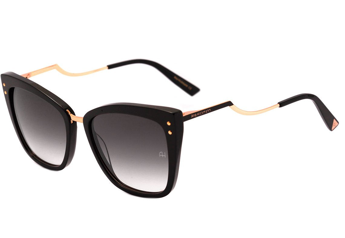 Óculos de Sol Ana Hickmann AH 9279 A01 Preto e Dourado Brilho / Cinza Degradê - 56 mm