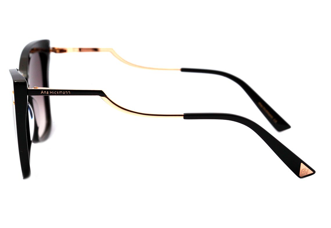 Óculos de Sol Ana Hickmann AH 9279 A01 Preto e Dourado Brilho / Cinza Degradê - 56 mm
