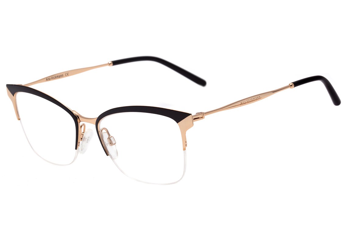 Óculos de Grau Ana Hickmann AH 1353 09A Preto Fosco e Dourado Brilho - 40 mm