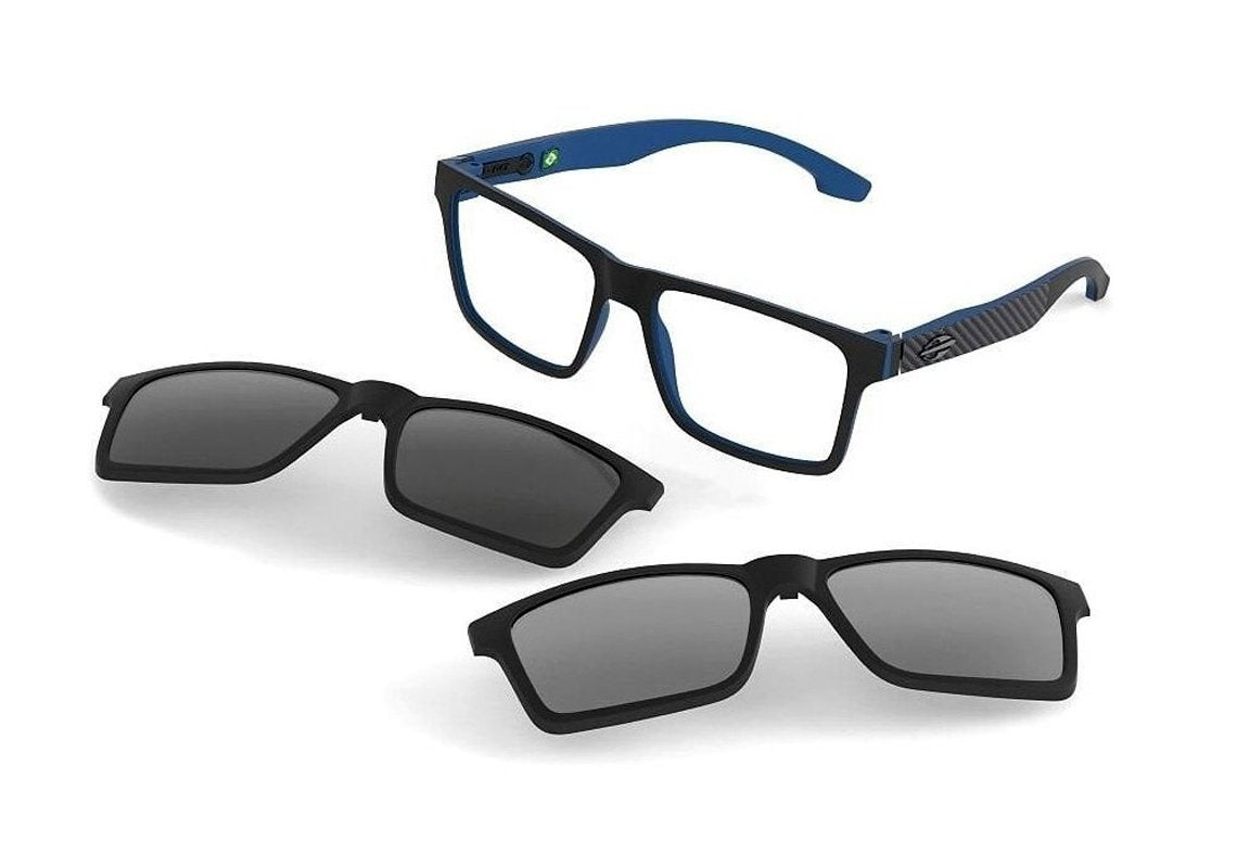 Óculos de Grau Mormaii Swap Clip On Azul E Preto Fosco/ Preto Polarizado/ Prata Espelhado Polarizado Lente 5,6 Cm