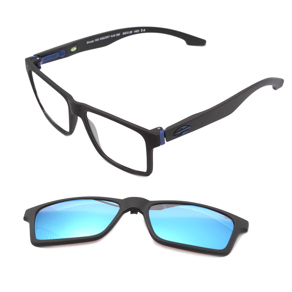 Mormaii Swap NG Duo Clip On Preto e Azul Fosco / Cinza Polarizado / Azul Espelhado Polarizado - Lente 5,6 cm - Grau