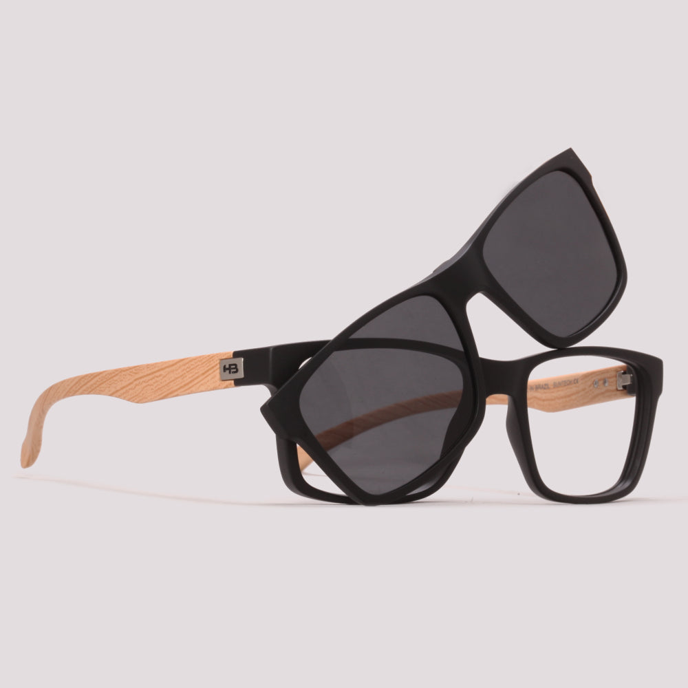 HB Polytech 0339 Clip On Preto Fosco Madeira Cinza Polarizado - Grau - 53 mm