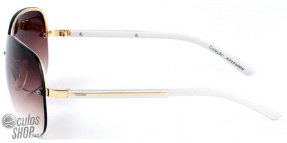 Óculos de Sol Pânico Atitude Pa 3001 H02 Dourado E Branco Brilho/ Marrom Degradê - Lente 6,7 Cm