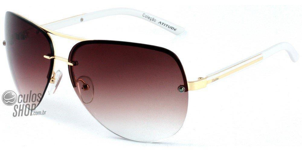 Óculos de Sol Pânico Atitude Pa 3001 H02 Dourado E Branco Brilho/ Marrom Degradê - Lente 6,7 Cm
