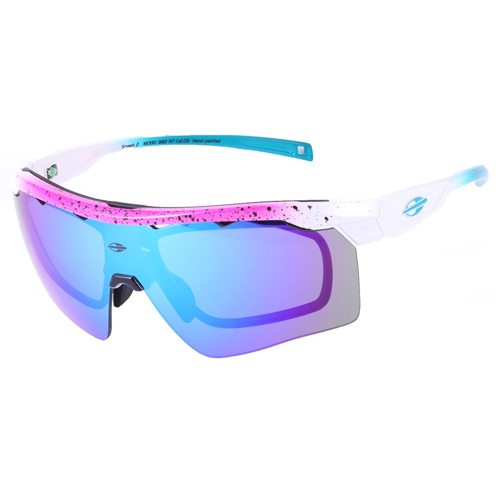 Óculos para Beach Tenis Mormaii Clip On Smash 2 Rosa e Branco Brilho/ Azul Espelhado/ Marrom Espelhado - Lente 15,0 cm