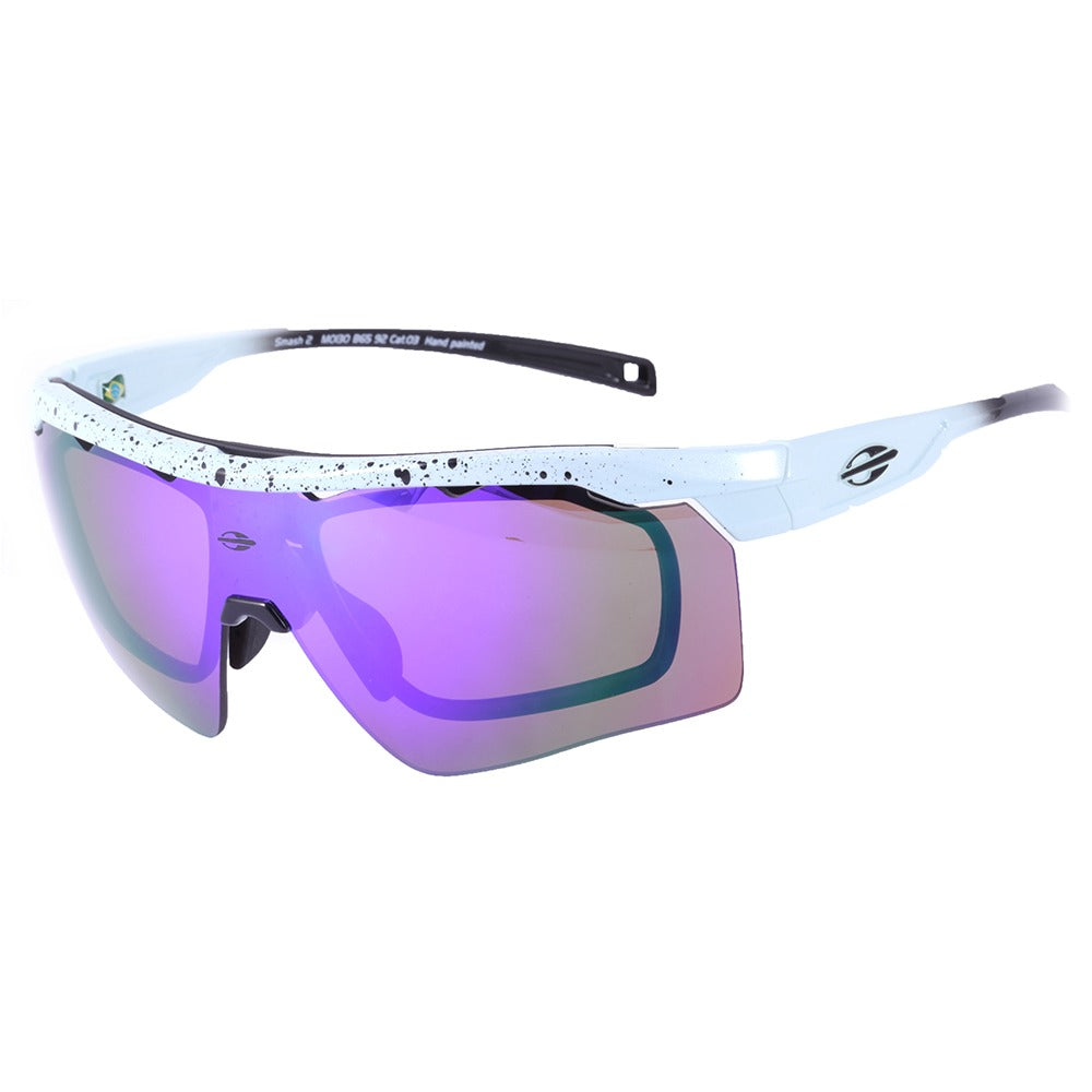 para Beach Tenis Mormaii Clip On Smash 2 Branco e Preto Brilho/ Roxo Espelhado/ Transparente - Lente 15,0 cm